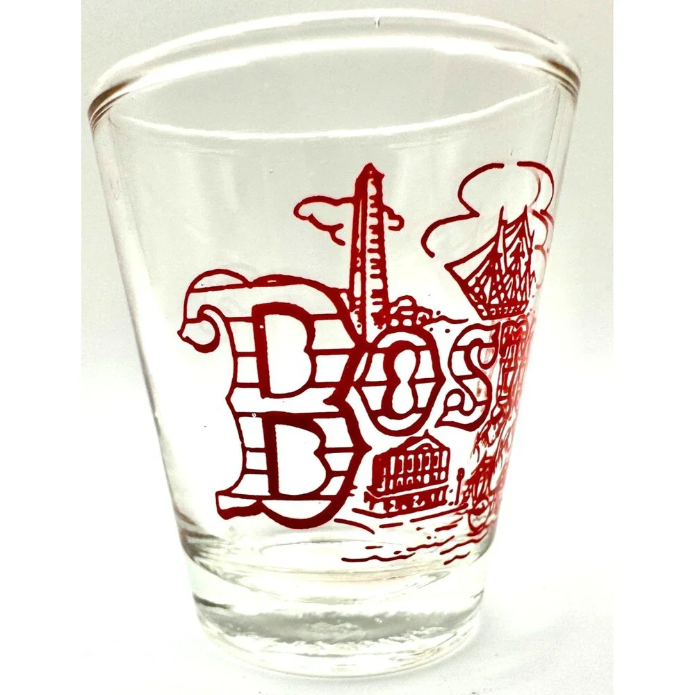 VINTAGE SHOT GLASS BOSTON MASS OLD NORTH CHURCH USS CONSTITUTION BUNKER HILL ETC